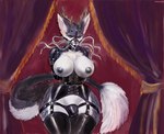 anthro antlers areola ball_gag bdsm big_breasts blue_eyes bodily_fluids breasts bulge clothing detailed_bulge drooling fur gag gagged garter_belt garter_straps grey_body grey_fur gynomorph hands_behind_back horn intersex nipples saliva solo standing submissive submissive_anthro submissive_gynomorph submissive_intersex tail thick_thighs thong underwear white_body white_fur wide_hips ideallover mythology kriya_(krichy) dragon mythological_creature mythological_scalie scalie hi_res