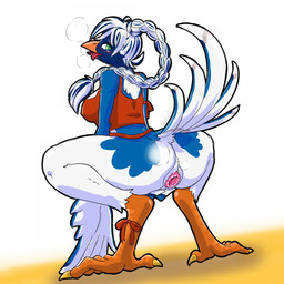 anthro beak black_body black_feathers blue_body blue_feathers blush blush_lines bottomless bottomless_female braided_hair breasts cheek_tuft claws clitoral clitoral_rubbing clothed clothing crouching curvy_figure facial_tuft feathers feet female gaping gaping_vagina genitals green_eyes hair looking_at_viewer looking_back looking_back_at_viewer looking_pleasured midriff nipple_outline nipples non-mammal_breasts non-mammal_nipples open_beak open_mouth orange_beak ponytail pose raised_tail small_waist solo tail tail_feathers talons thick_thighs toe_claws toes topwear topwear_only tuft vulva white_body white_feathers white_hair wide_hips winged_arms wings zokoira cissa_(idorrth) avian bird corvid magpie_(corvid) oscine passerine digital_media_(artwork) hi_res pinup