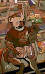 anthro black_nose caught_in_the_act chips_(food) clothed clothing comic_book duo eyewear food fur goggles grey_body grey_fur invisible male smile vetiver_n arknights hypergryph studio_montagne ethan_(arknights) spot_(arknights) hyena mammal spotted_hyena hi_res