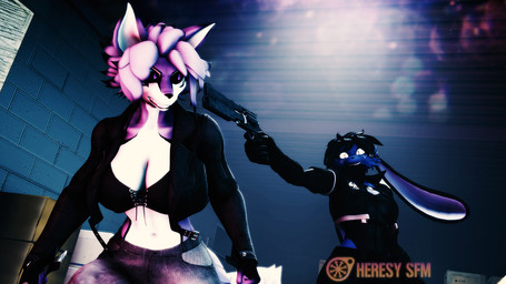 angry anthro black_hair blue_body blue_eyes bottomwear clothed clothed_anthro clothed_female clothing denim denim_bottomwear denim_clothing duo female fur gun hair handgun jacket jeans leather leather_clothing leather_jacket leather_topwear pants purple_body purple_eyes purple_fur purple_hair ranged_weapon revolver smile smirk tire_iron topwear weapon heresy_sfm domi_3d_(modeler) domi_(domi3d) violette_(heresy_sfm) canid canine fox hybrid lagomorph mammal 16:9 widescreen