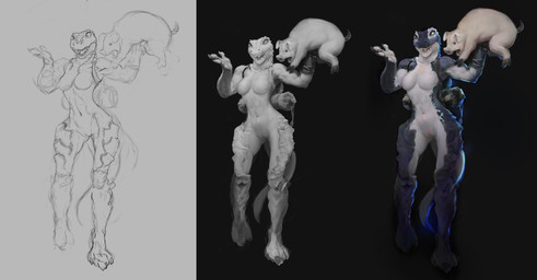 anthro backpack breasts duo featureless_breasts female genitals holding_character sharp_teeth simple_background teeth vulva veramundis crocodile crocodilian domestic_pig humanoid mammal reptile scalie suid suine sus_(pig) hi_res