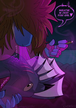 air_drowning ambiguous_gender anthro blowing_smoke blowing_smoke_on_another blue_body blue_skin blush blush_lines brown_hair capnolagnia drugged drugs duo female fin finger_in_mouth gill_play gills hair marijuana on_top_of_another shotgunning smoking smoking_marijuana split_form substance_intoxication text pankallisti circe_(pankallisti) kibble_(arthagk) aquatic mammal merfolk murid murine rat rodent english_text hi_res