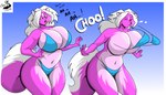 anthro before_and_after big_breasts bikini bikini_removed bikini_top_removed blue_background blue_bikini blue_clothing blue_eyes blue_swimwear border breasts clothing facial_markings featureless_breasts female forehead_markings fur gradient_background hair head_markings huge_breasts legs_together markings navel pink_body pink_fur pink_nose simple_background sneeze solo swimwear swimwear_removed tail two-piece_swimsuit wardrobe_malfunction white_border white_hair wide_hips chrisandcompany lucy_skye_diamond mammal mephitid skunk digital_drawing_(artwork) digital_media_(artwork) hi_res sequence watermark