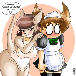 age_difference ambiguous_gender anthro apron bent_over blush bottomless bow_tie brown_hair clothed clothing dialogue duo female fur garter_straps green_bow hair legwear maid_uniform mature_female nipple_outline older_female partially_clothed simple_background smile stockings tan_body tan_fur tan_skin text topless uniform thomi1513 jill_(alfa995) human kangaroo macropod mammal marsupial 1:1 colored english_text hi_res male_(lore)