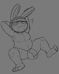 anthro balls belly bodily_fluids genitals grey_background humanoid_genitalia humanoid_penis long_ears male navel nipples nude penis question_mark simple_background slightly_chubby slightly_chubby_anthro slightly_chubby_male solo sweat locitony animal_crossing nintendo snake_(animal_crossing) lagomorph leporid mammal rabbit greyscale monochrome