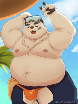 anthro beach belly bottomwear bulge clothing crotchless_bottomwear crotchless_clothing crotchless_pants eyebrows fur male moobs navel nipples overweight pants pawpads pupils slit_pupils solo thick_eyebrows thong underwear white_body white_fur benjidjango06 xxl_woofia paul_the_polar_bear bear mammal polar_bear ursine 3:4 hi_res