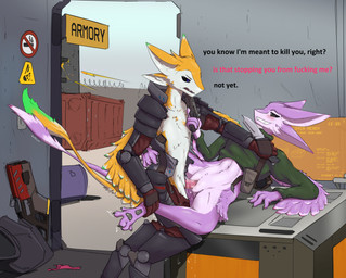 anthro armor clothed clothed_sex clothing dialogue duo feathers female genitals gun knife male male/female orange_body orange_feathers penetration penis questionable_consent ranged_weapon sex text vaginal vaginal_penetration weapon white_body white_feathers wallross avali avian bird absurd_res english_text hi_res