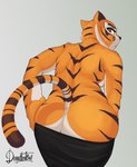 anthro big_butt black_bottomwear black_clothing black_pants black_stripes bodily_fluids bottomwear bottomwear_down breasts butt butt_cleavage butt_squish clothed clothing eyelashes female fur grey_background looking_at_viewer looking_back orange_body orange_fur pants pants_down partially_clothed rear_view red_eyes side_boob simple_background solo squish striped_body striped_fur stripes sweat sweaty_butt topless undressing whiskers doggomeatball dreamworks kung_fu_panda master_tigress felid mammal pantherine tiger 2020 hi_res