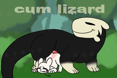 anthro black_body black_eyes black_nose bodily_fluids duo feral forest forest_background fur genital_fluids genitals grass male male/male nature nature_background nude open_mouth penis plant sex smile tail text tree uncomfortable white_body x-ray_view passey_voppy rain_world videocult passey lizard_(rain_world) mammal slugcat 3:2 hi_res