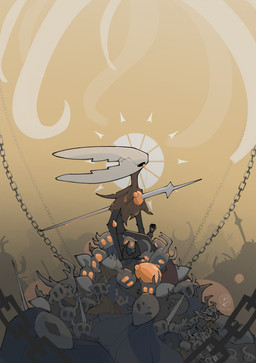 2_horns ambiguous_gender biped black_eyes chain cloak clothing corpse group horn mask melee_weapon orange_eyes weapon wounded blindspot hollow_knight team_cherry hollow_knight_(character) infected_(species) vessel_(species) 2024 hi_res