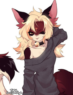 ahoge anthro bangs bell bell_collar black_collar blonde_hair clothing collar collarbone eyelashes female fur grey_clothing grey_sweater grey_topwear hair long_hair long_tail looking_at_viewer markings one_eye_closed orange_eyes red_body red_fur simple_background solo star_(marking) sweater tail tan_body tan_fur tongue tongue_out topwear white_background typh domestic_cat felid feline felis mammal 2026 colored colored_sketch digital_drawing_(artwork) digital_media_(artwork) hi_res shaded sketch