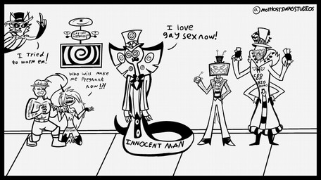 1_eye 4_arms anthro bodily_fluids body_writing clothed clothing electronics fangs female for_a_head group hair hand_on_chest hat headgear headwear hypnosis male mind_control multi_arm multi_limb orientation_play parody political_cartoon politics screen screen_face simple_background spiral spiral_eyes straight_to_gay tears teeth television text mothost hazbin_hotel hellaverse team_fortress_2 the_onion valve valve_corporation cherri_bomb_(hazbin_hotel) husk_(hazbin_hotel) saxton_hale sir_pentious_(hazbin_hotel) valentino_(hazbin_hotel) vox_(hazbin_hotel) arthropod cyclops demon demon_humanoid domestic_cat felid feline felis human humanoid insect lepidopteran mammal moth object_head reptile scalie screen_head snake tv_head 2024 absurd_res black_and_white digital_media_(artwork) english_text hi_res monochrome signature