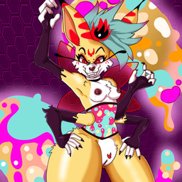 4_arms antennae_(anatomy) anthro areola breasts female fingers fur genitals hair looking_at_viewer multi_arm multi_limb nipples nude pubes red_sclera side_boob simple_background smile solo standing tail teeth vulva evilthabad hellaverse helluva_boss mythology queen_bee-lzebub_(helluva_boss) arthropod canid canid_demon canine canis demon fox hybrid insect mammal mythological_canine mythological_creature 1:1 absurd_res digital_media_(artwork) hi_res