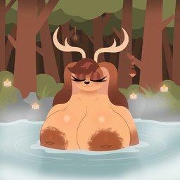 anthro antlers areola bath big_areola big_breasts breasts brown_areola brown_body brown_fur brown_hair brown_nipples candle eyes_closed female floppy_ears forest fur glistening glistening_breasts gradient_arms hair horn hot_spring huge_breasts inverted_nipples lop_ears nipples plant short_hair smile solo tan_body tan_fur tree water naycelium hinoki_(naycelium) jackalope lagomorph mammal 1:1 2025 hi_res