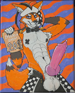 animal_genitalia animal_penis anthro armpit_hair balls bell big_penis bodily_fluids body_hair bottomwear bow_tie canine_genitalia canine_penis circus clothing clown exhibitionism femboy genital_fluids genitals hat headgear headwear knot leaking_precum male money penis precum shorts solo tape text joe_bonecrusher canid canine fox mammal absurd_res english_text hi_res