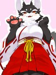 4_fingers anthro asian_clothing black_body black_fur blush bottomwear breasts chest_tuft claws clothed clothing cute_fangs east_asian_clothing fangs female female_anthro finger_claws fingers fur gesture hakama heart_symbol japanese_clothing kemono looking_at_viewer low-angle_view miko_outfit pawpads paws shrine_maiden simple_background solo teeth tuft waving waving_at_viewer white_body white_fur kame_3 canid canine canis domestic_dog mammal 2024 digital_media_(artwork) hi_res