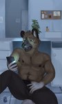 2023 absurd_res aggretsuko anthro bottomwear brown_body brown_fur clothing comic electronics fur haida_(aggretsuko) hi_res hyena looking_at_object looking_at_phone lumarten male mammal muscular muscular_male pants phone pubes sanrio sitting solo spotted_hyena