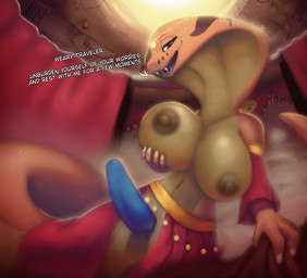 anthro big_breasts big_penis blue_penis breasts clothed clothing erection genitals glistening glistening_breasts gynomorph huge_breasts inside intersex looking_at_viewer nipples penis scales solo tail text lennoxicon reptile scalie snake absurd_res english_text hi_res