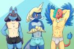 2015 3:2 anthro anthrofied archeops armor athletic avian bill_(skybluefox) blue_background blue_body blue_feathers blue_fur blush boxer_briefs boxer_briefs_only boxers_(clothing) boxers_only briefs briefs_only bulge canid canine clothed clothing crossed_arms cyan_(skybluefox) dark_body dark_fur digital_media_(artwork) fan_character feathered_wings feathers fluffy fossil_pokemon front_view fur gauntlets generation_4_pokemon generation_5_pokemon gloves grin group hand_on_hip hands_behind_head handwear happy headgear helmet jewelry lonbluewolf looking_at_viewer lucario male mammal multicolored_body multicolored_fur mustelid necklace nintendo pokemon pokemon_(species) pokemorph red_eyes samurott simple_background smile spikes standing tail teeth tighty_whities topless two_tone_body two_tone_fur underwear underwear_only vale_(skybluefox) whiskers white_briefs white_clothing white_underwear winged_arms wings yellow_body yellow_fur