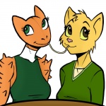 anthro clothed clothing duo female food pasta sharing sharing_food spaghetti unknown_artist microsoft prequel_adventure spaghetti_scene the_elder_scrolls horridus katia_managan agamid argonian felid khajiit lizard mammal reptile scalie thorny_devil 1:1 digital_media_(artwork) half-length_portrait portrait