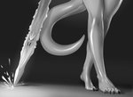 2020 anthro barefoot claws demonic dragging feet female hi_res melee_weapon monochrome nude plantigrade raised_heel scales scalie simple_background solo swameliz sword toe_claws toes walking weapon