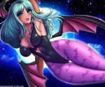 2018 absurd_res blush capcom clothed clothing darkstalkers demon digital_media_(artwork) eyelashes female full_moon hair hi_res humanoid long_hair looking_at_viewer moon morrigan_aensland not_furry open_mouth outside solo text twistedscarlett60 url wings