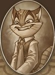 anthro clothed clothing fully_clothed looking_at_viewer male necktie photo shirt smile solo tail topwear vest whiskers tracy_j._butler lackadaisy rocky_rickaby domestic_cat felid feline felis mammal low_res monochrome