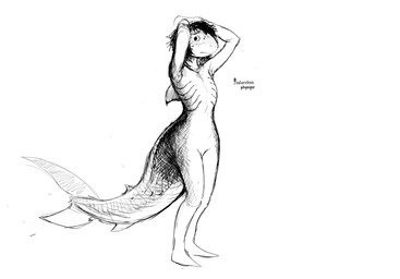 anthro featureless_chest female gills looking_away nude shark_fin shark_tail solo standing text hladilnik lonely_shark_(hladilnik) aquatic fish shark 2025 black_and_white english_text hi_res monochrome