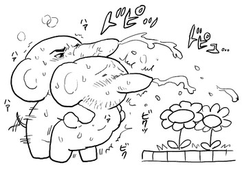 anthro blush bodily_fluids chibi cum duo ejaculation eyes_closed flower genital_fluids male male/male plant sex tail tail_motion tailwag text tyabasira0518 elephant elephantid mammal proboscidean 2021 japanese_text monochrome