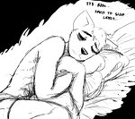 2020 anthro bed black_and_white canid canine canis comic daniel_(hladilnik) english_text furniture hi_res hladilnik male mammal monochrome on_bed one_eye_half-closed pillow pillow_hug sketch solo text wolf