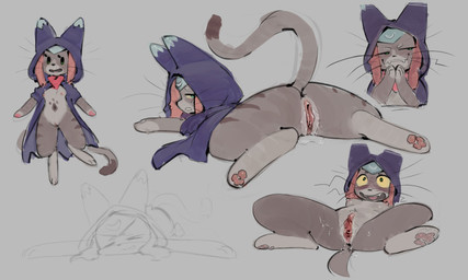 anthro aroused blush blush_lines bodily_fluids clitoris clothing constricted_pupils dipstick_tail eyes_closed fangs female female_anthro fur genital_fluids genitals grey_body grey_fur hair hat headgear headwear hood hooded_cloak inner_labia long_tail looking_back lying markings multicolored_body multicolored_fur on_back on_front on_ground open_mouth pawpads pink_hair presenting presenting_vulva pupils raised_tail simple_background small_pupils solo spread_legs spreading striped_markings stripes sweat tail tail_anus tail_markings teeth torso_markings two_tone_body two_tone_fur vaginal_fluid_string vaginal_fluids vulva whiskers yellow_eyes trashyy_noway capcom monster_hunter monster_hunter_stories_2:_wings_of_ruin tsukino_(monster_hunter_stories) felid feline felyne lynian mammal palico 5:3 digital_drawing_(artwork) digital_media_(artwork) hi_res