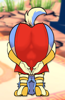 anthro balls_outline bent_over big_butt black_claws blue_body blue_ears blue_fur blue_hair blue_tail bracelet bulge butt claws clothing detailed_bulge dress footwear fur genital_outline gold_(metal) gold_bracelet gold_jewelry gynomorph hair intersex jewelry penis_outline presenting presenting_hindquarters rear_view red_clothing red_dress shoes slit_dress solo tail thick_thighs two_tone_tail yellow_body yellow_bracelet yellow_clothing yellow_footwear yellow_fur yellow_shoes yellow_tail charliepops praise_da_booty_(meme) afrodita_(charliepops) canid canine canis domestic_dog mammal 2026 absurd_res digital_media_(artwork) hi_res meme
