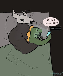 bed bedroom black_body bone duo electronics eyewear frill_(anatomy) furniture glasses green_body lying lying_on_bed multicolored_body on_bed phone size_difference skull skull_head speech_bubble spooning tail two_tone_body waking_up wearing_glasses yellow_frill luvamisguilty luvam_(luvamisguilty) maeryn_(luvamisguilty) demon lizard reptile scalie sleep_paralysis_demon absurd_res hi_res signature