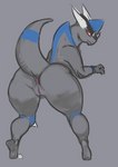 anthro anus butt female fossil_pokemon generation_4_pokemon genitals grey_background hi_res horn liveforthefunk looking_back nintendo nude pokemon pokemon_(species) presenting presenting_anus presenting_hindquarters pussy rampardos red_eyes simple_background smile solo thick_thighs wide_hips