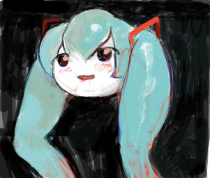 bangs black_background blood blue_body blue_fur blush bodily_fluids female fur not_furry pigtails prehensile_hair simple_background smile solo unusual_anatomy white_body white_skin yogurt200 vocaloid hatsune_miku shiteyanyo humanoid waddling_head