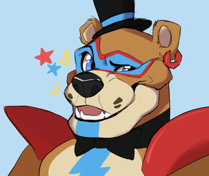 anthro big_nose black_bow_tie black_eyebrows black_nose black_top_hat blue_background blue_eyes blue_markings bow_tie ear_piercing ear_ring eyebrows fangs fur light machine male male_anthro markings open_mouth open_smile orange_body orange_fur piercing pink_mouth red_ear_ring ring_piercing shoulder_pads simple_background smile solo star_(shape) tan_body tan_fur tan_inner_ear teeth krocutakaiju five_nights_at_freddy's five_nights_at_freddy's:_security_breach scottgames steel_wool_studios glamrock_freddy animatronic bear mammal robot 2021 bust_portrait colored digital_drawing_(artwork) digital_media_(artwork) english_description hi_res lighting portrait shaded