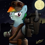 anthro blue_body blue_fur clothing eyewear female fur goggles gun hair hat headgear headwear moon multicolored_hair night outside parody rainbow_hair ranged_weapon sky solo star starry_sky weapon stanwuuz fallout friendship_is_magic hasbro microsoft my_little_pony rainbow_dash_(mlp) equid equine horse mammal pony 1:1 crossover