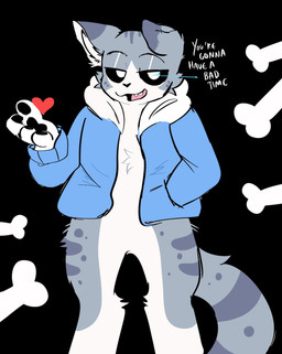 anthro black_background black_sclera bone bottomless clothed clothing fur fur_coat grey_body grey_fur heart_symbol jacket jacket_only looking_at_viewer male simple_background solo standing topwear topwear_only white_body white_eyes white_fur spookyfoxinc undertale_(series) sans_(undertale) canid canine felid fox hybrid mammal pantherine snow_leopard hi_res