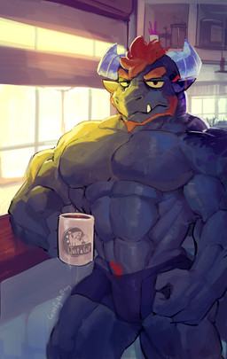 2_horns 4_fingers anthro beard big_muscles black_body blinds bloodshot_eyes briefs briefs_only clothed clothing container countertop cup detailed_background eyebrows facial_hair fingers front_view hair head_horn holding_container holding_cup holding_mug holding_object horn interior_background male mouth_closed mug muscular orange_beard orange_eyebrows orange_facial_hair orange_hair overbite red_eyes solo stick_figure topless underbite underwear underwear_only uranium vein veiny_muscles window_light yellow_sclera goofyahdragons lizard reptile scalie 2024 absurd_res digital_drawing_(artwork) digital_media_(artwork) hi_res portrait screentone three-quarter_portrait