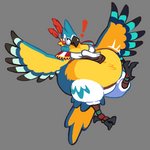 anthro beak belly big_belly bottomwear clothing countershading digitigrade exclamation_point grey_background huge_belly hyper hyper_belly inflation jewelry male pants scarf simple_background solo yellow_body yellow_countershading pukupukudragon breath_of_the_wild nintendo the_legend_of_zelda kass_(tloz) avian bird parrot rito 1:1 2020 hi_res