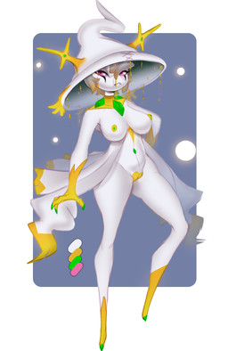 blonde_highlights breasts clothing color_swatch dress facial_markings female gem genitals golden_markings green_gem hair hat head_markings headgear headwear highlights_(coloring) horn jewelry looking_at_viewer markings multicolored_hair nipples pink_eyes pokemorph solo stern_look vulva white_body witch_hat yellow_markings hagalazd nintendo pokemon wilda_(nickzilla) arceus gardevoir generation_3_pokemon generation_4_pokemon ghost humanoid hybrid legendary_pokemon mismagius pokemon_(species) spirit hi_res