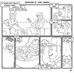 anthro clothed clothing dialogue duo food imminent_vore male male/male male_pred micro shrinking size_difference size_transformation smile text transformation tricked vore james_howard mintmonkey canid canine canis haplorhine mammal monkey primate wolf comic digital_drawing_(artwork) digital_media_(artwork) english_text hi_res monochrome multiple_scenes sketch