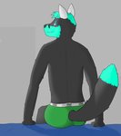 anthro big_eyes big_iris big_pupils biped clothed clothing dark_body dark_fur fur furgonomics furry-specific_brand green_body green_fur grey_body grey_fur light_body light_fur looking_at_viewer looking_back looking_back_at_viewer male multicolored_body multicolored_fur one_eye_obstructed pupils simple_background simple_eyes sitting smile smiling_at_viewer solo text text_on_clothing text_on_underwear two_tone_body two_tone_fur two_tone_tail underwear underwear_only unnatural_colors neonthecopper12 canid canine fox mammal hi_res shaded simple_shading