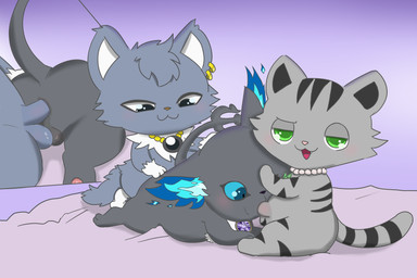 anal anal_penetration anthro anus balls balls_touching bangs black_body black_eyes black_fur blue_eyes blue_sclera chibi ear_piercing ear_ring fellatio fire forked_tail fur genitals green_eyes grey_body grey_fur group jewelry looking_at_viewer male male/male markings neck_tuft necklace oral pawpads penetration penile piercing ring_piercing sex smile spitroast striped_body striped_fur striped_markings striped_tail stripes tail tail_markings trio tuft unusual_anatomy unusual_tail drugolld disney jewelpet sanrio sega_fave twisted-wonderland dian_(jewelpet) grim_(twisted-wonderland) tour_(jewelpet) american_shorthair domestic_cat felid feline felis maine_coon mammal monster hi_res