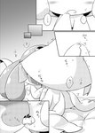 ambiguous_gender bed blush bodily_fluids comic covering covering_mouth duo feral french_kissing furniture generation_3_pokemon generation_4_pokemon hand_holding hi_res japanese_text jirachi kissing legendary_pokemon mesprit monochrome motion_lines nettsuu nintendo on_bed pokemon pokemon_(species) rear_view saliva saliva_string shaking sitting sitting_on_bed sweat sweatdrop text tongue translated trembling