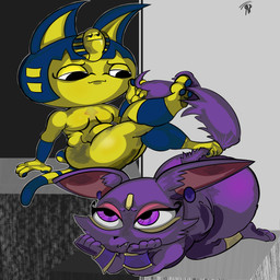 abstract_background all_fours annoyed anthro belly big_butt bracelet breasts butt duo ear_piercing ear_ring eyelashes fangs featureless_breasts female female/female gold_(metal) gold_bracelet gold_jewelry jewelry long_ears piercing purple_body purple_eyes ring_piercing sitting small_breasts smug_face tail tail_fetish tail_play tail_pull teeth thick_thighs yellow_body amespinkinson animal_crossing bandai_namco nintendo pac-man_(series) pac-man_party ankha_(animal_crossing) pac-man patra animal_humanoid cat_humanoid felid felid_humanoid feline feline_humanoid humanoid mammal mammal_humanoid 1:1 absurd_res hi_res