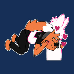 ambiguous_gender anthro biped black_nose blush clothing dark_clothing duo fur hair happy male markings monotone_clothing orange_body orange_fur shirt simple_background tail tail_tuft telegram_sticker topwear transparent_background tuft moltenfox_(artist) anon anonymous molten_(moltenfox) ych_(character) canid canine fox mammal 1:1 alpha_channel hi_res