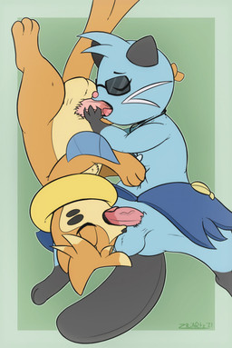 3_toes 69_position anthro arm_fin ball_tuft balls black_body black_markings black_nose blue_balls blue_body blue_fins chest_tuft crotch_tuft duo eyes_closed eyewear facial_markings feet fellatio fin fur genitals green_background head_markings jewelry leg_markings male male/male male_penetrated male_penetrating male_penetrating_male markings necklace nude_anthro nude_male oral orange_body outline penetration penile penis pink_nose pink_penis pseudo_hair sex simple_background socks_(marking) sunglasses tail toes tongue tongue_out tongue_out_fellatio tuft vein veiny_penis whiskers yellow_balls yellow_body yellow_fur zriartz nintendo pokemon buieb_(oc) santana_the_dewott buizel dewott generation_4_pokemon generation_5_pokemon pokemon_(species) 2021 hi_res signature