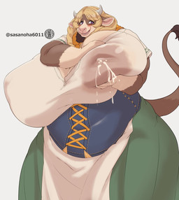 anthro big_breasts blonde_hair blush bodily_fluids braided_hair breasts brown_body brown_fur clothing curvy_figure female female_anthro fur grey_horn hair holding_breast horizontal_pupils horn huge_breasts lactating lactating_through_clothing long_hair milk pupils purple_eyes solo standing thick_thighs voluptuous voluptuous_anthro voluptuous_female wet wet_clothing white_body white_fur wide_hips sasanoha6011 bovid bovine cattle mammal hi_res