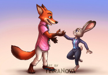 anthro belt bottomwear breasts buckteeth clothing collared_shirt dress_shirt duo fangs female fur green_eyes grey_body grey_fur jacket male multicolored_body multicolored_fur necktie orange_body orange_fur pants purple_eyes shirt teeth topwear two_tone_body two_tone_fur teiranova disney zootopia judy_hopps nick_wilde canid canine european_rabbit fox lagomorph leporid mammal oryctolagus rabbit red_fox true_fox 2025 digital_media_(artwork)